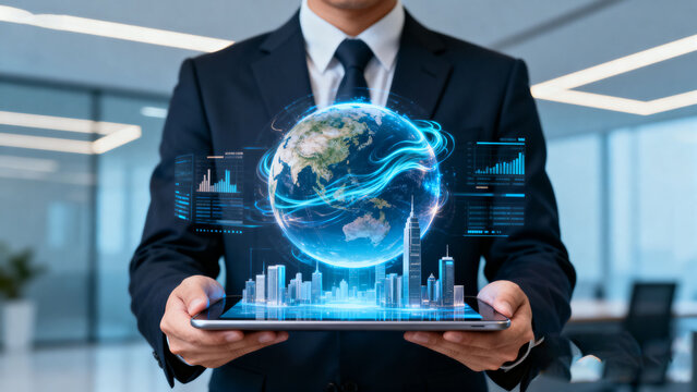 Businessman holding tablet with holographic globe