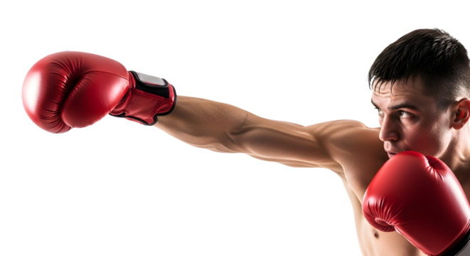 Close-up shot of a male boxer in red gloves throwing a punch with intensity on a white background