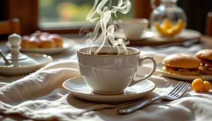 A serene breakfast setting with a steaming cup of coffee at its center.