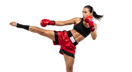 Athletic woman practicing martial arts and performing a dynamic kick with boxing gloves and shorts