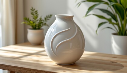 A ceramic vase with a decorative, swirling pattern sitting on a wooden surface