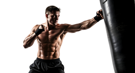 Muscular man training boxing punching bag focused on fitness and self-defense