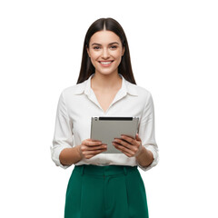 young woman wearing white shirt holding tablet and smiling isolated on white