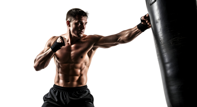 Muscular man training boxing punching bag focused on fitness and self-defense