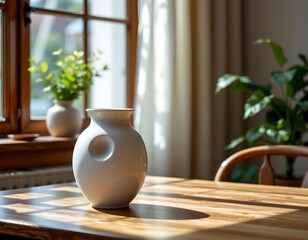 An interior setting with a focus on a large vase placed centrally on a wooden dining table
