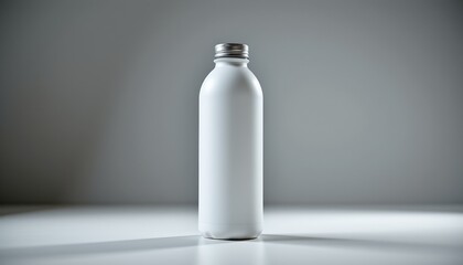 A white milk bottle is centrally positioned in front of a plain grey background.