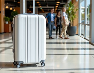An airport setting. In the foreground, there's a large white suitcase with black wheels positioned on a clean, reflective floor