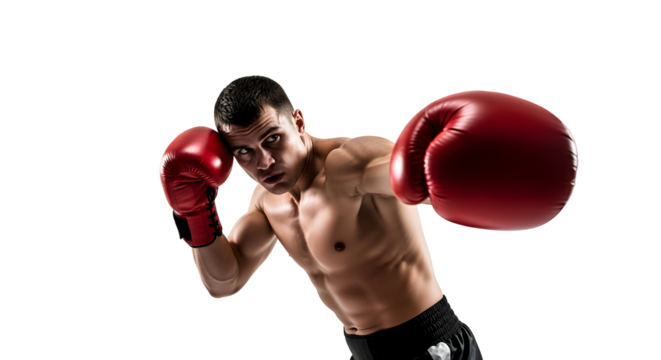 Boxing athlete performing a powerful punch with red gloves, showcasing strength and determination