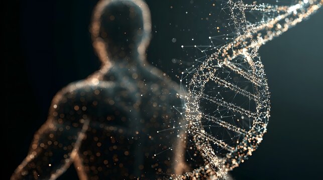 Human silhouette beside a glowing double helix DNA structure