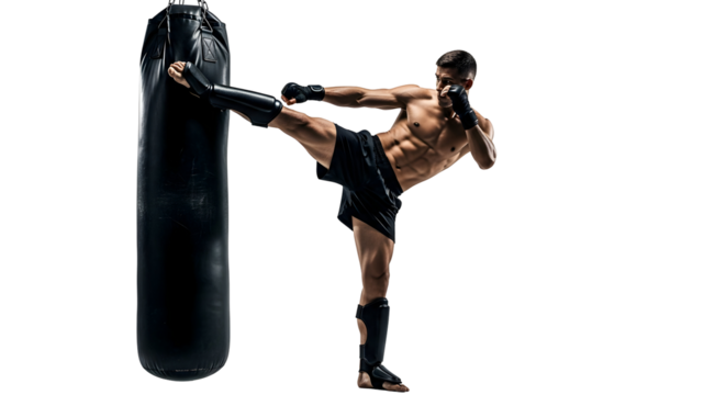 Male fighter performing a powerful kick on a punching bag, showcasing martial arts training and combat readiness
