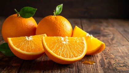 Vibrant oranges with green leaves, showcasing the fruit's bright color. One sliced, displaying juicy segments on wood