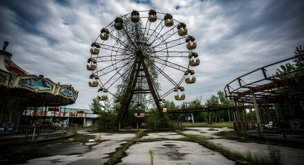 Abandoned ferris wheel in an overgrown amusement park under a cloudy sky, evoking a sense of decay and lost joy