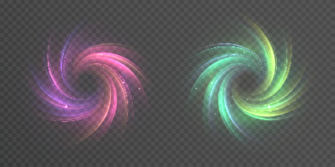 Abstract glowing vortex spirals in pink and green tones with shimmering particles on a transparent background. Futuristic energy vortexes for digital design.