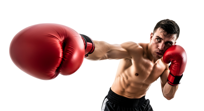 Professional Boxer Training Punching with Red Gloves in a Studio with White Background