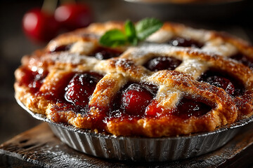 "Delicious Homemade Cherry Pie in Foil Baking Tin Freshly Baked Dessert"