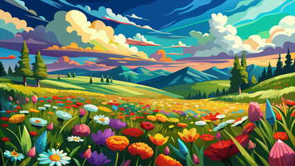 Fototapeta premium very beautiful This impressionist painting captures a vibrant meadow with a multitude of colorful flowers under a sky with drifting clouds, delivering a sense of nature’s beauty