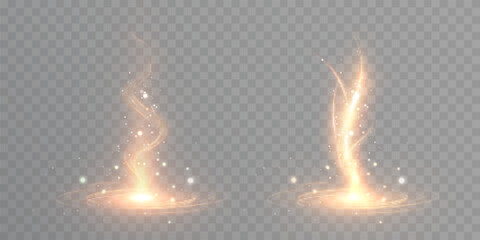 A golden Christmas whirlwind with twinkling sparks rising upward creates a festive trail of light against a transparent background.