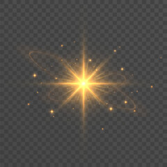 Bright golden Christmas star glow with sparkling light rays and festive shine on transparent background