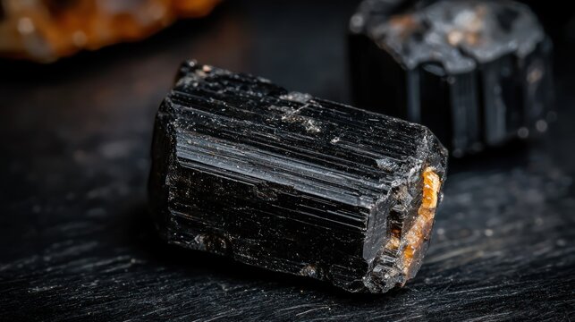 Two black tourmaline crystals on a dark wooden surface indoors