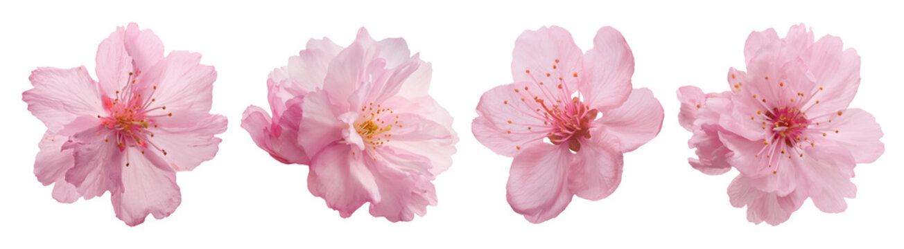 Set of beautiful Cherry blossom, Sakura flowers in pink color tone isolated on transparent background.