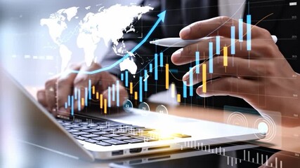 Financial Analysis in Progress: Close-up view of hands and the notebook computer, indicating an intricate process of charting global financial trends and data visualization for strategic planning. - Powered by Adobe