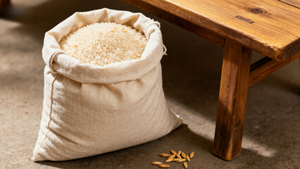 A sack of rice placed on the floor next to a wooden table, with a few grains scattered nearby.