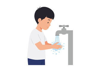A boy washes his hands under a silver faucet with streaming water and visible soap bubbles
