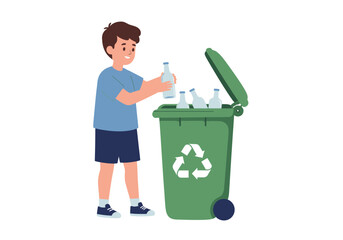 A boy throws a glass bottle into a green recycling bin