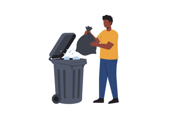 A person throws a garbage bag into an open trash bin