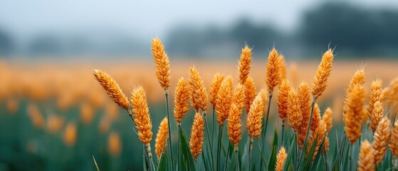 Macro Close Up of Yellow Rice Field Crops Cinematic with Dew Drops in Misty Morning