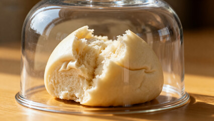 A partially eaten bread roll under a glass dome on a wooden surface