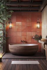 Cozy Japandi-style bathroom with terracotta walls, deep soaking wooden tub, warm lighting, and natural textures.