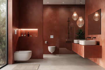 Contemporary luxury bathroom with terracotta color accents, stylish pendant lighting, a floating toilet, and textured walls.