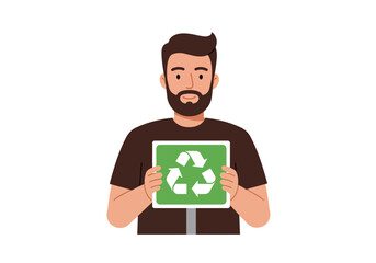 Bearded man holds a recycle sign