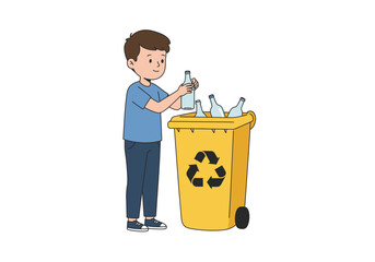 Boy putting bottles in a yellow recycling bin with a black recycling symbol