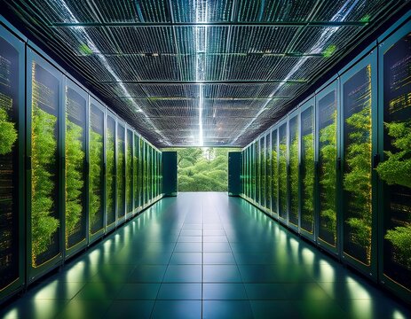 modern data center hallway filled with server racks juxtaposed against vibrant green forest technology infrastructure meets nature symbolizing sustainable computing eco friendly digital innovation