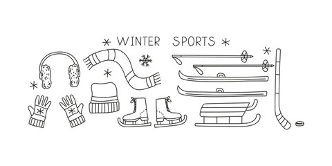 Warm clothing, winter sports. Hand drawn drawings, line doodle icons. Sportswear, skates, skis, sled, hockey stick. Knitted hat, scarf, gloves, earmuffs. Hand lettering. Sports equipment set.