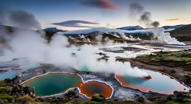Geothermal wonderland with steaming hot springs and colorful mineral pools at sunrise in rotorua, new zealand - Powered by Adobe