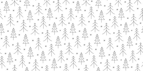 Winter black and white pattern. Forest, fir trees, snowflakes. Hand-drawn line icons of fir trees. Drawings, doodles. A simple seamless New Year's or Christmas background. 