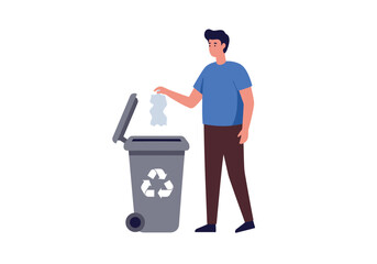 Man dropping paper into gray recycle bin with the recycling symbol on it