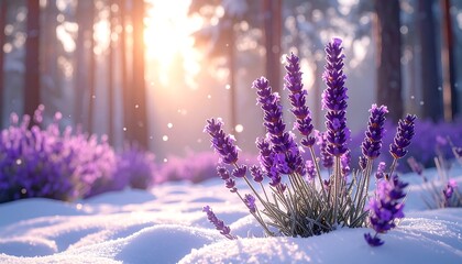 Vivid purple lavender plants bloom from snow-covered ground with sunlight filtering through trees