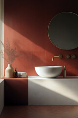 Elegant bathroom design with a modern terracotta color palette, geometric floor tiles, stylish vessel sink, and gold accents.