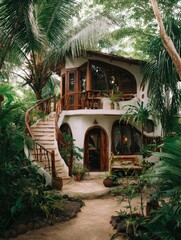A charming, secluded dwelling nestled within a lush tropical garden, featuring a spiral staircase and a beautifully designed exterior.