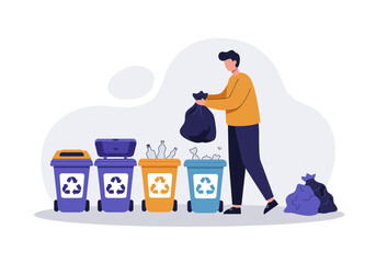 Person disposing of trash into recycling bins with glass paper and plastic