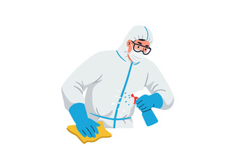 Person in PPE disinfecting with spray and cloth