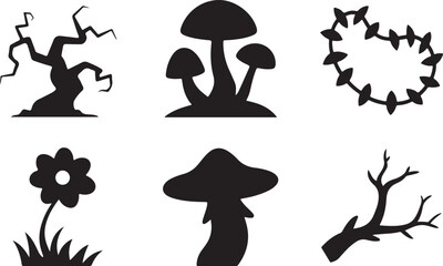 Dark flora fungi Halloween icon set silhouette vector