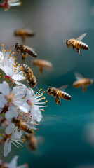 Bees collecting pollen on blooming white flowers close up vibrant springtime nature pollination flying insects detailed outdoor macro