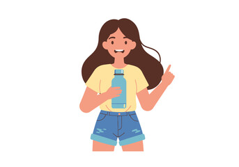 Woman in shorts holding a blue water bottle pointing with index finger