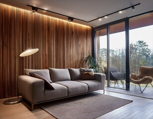 modern living room with wood wall sofa and recessed lighting