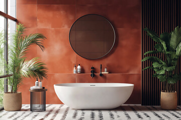 High-end modern bathroom with a bold terracotta statement wall, geometric floor tiles, and sophisticated decor elements.